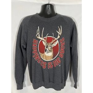 Vtg 90s Pullover Dad Joke Pun HAPPINESS IS BIG BUCKS Deer Hunting Sweatshirt XL